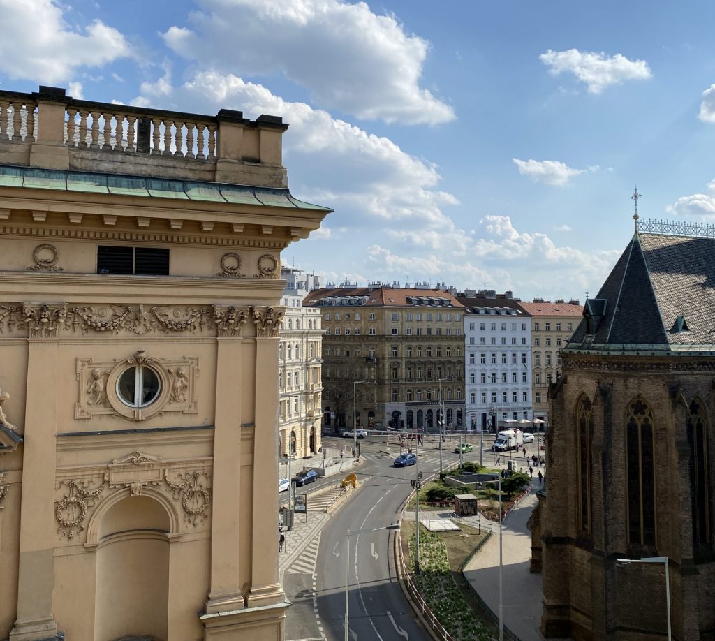 View on the church from my room in Hostel One Míru