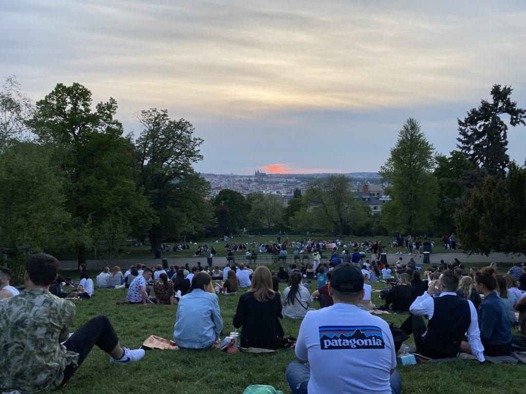 Sunset view over Prague from Riegrovy Sady