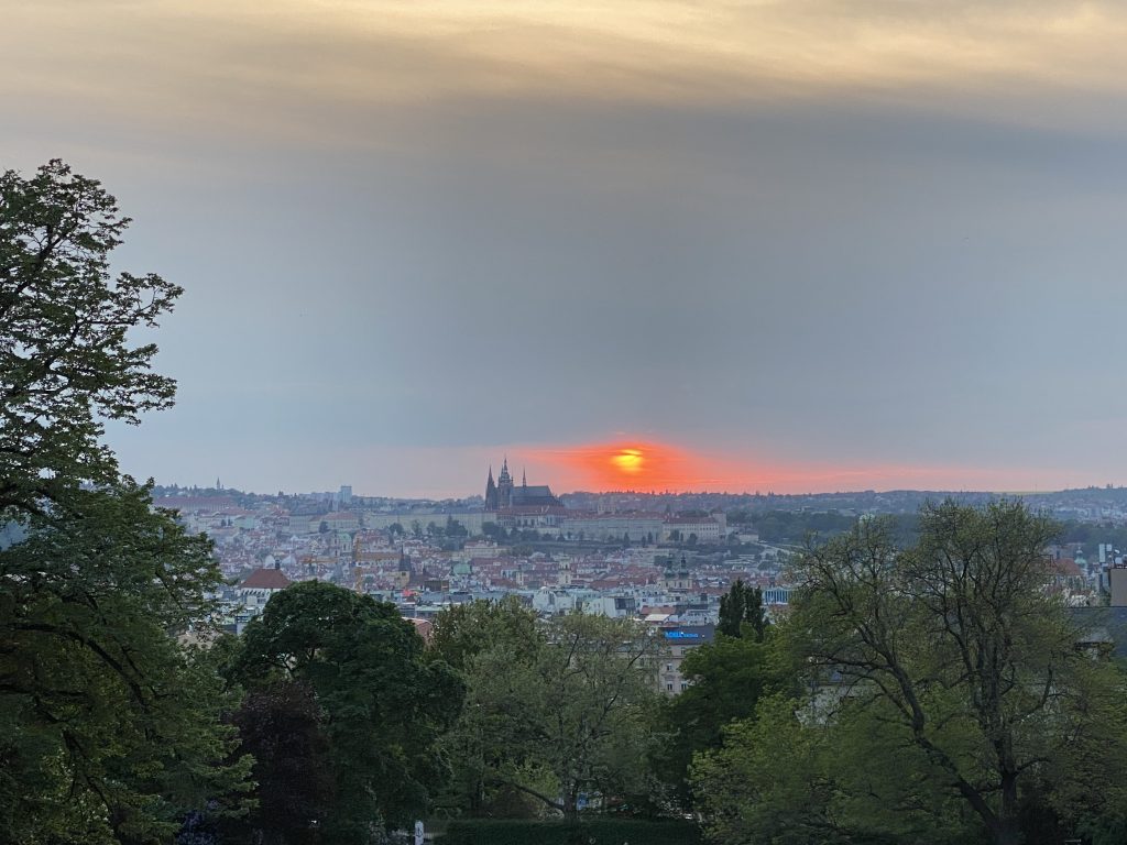 Sunset view over Prague from Riegrovy Sady