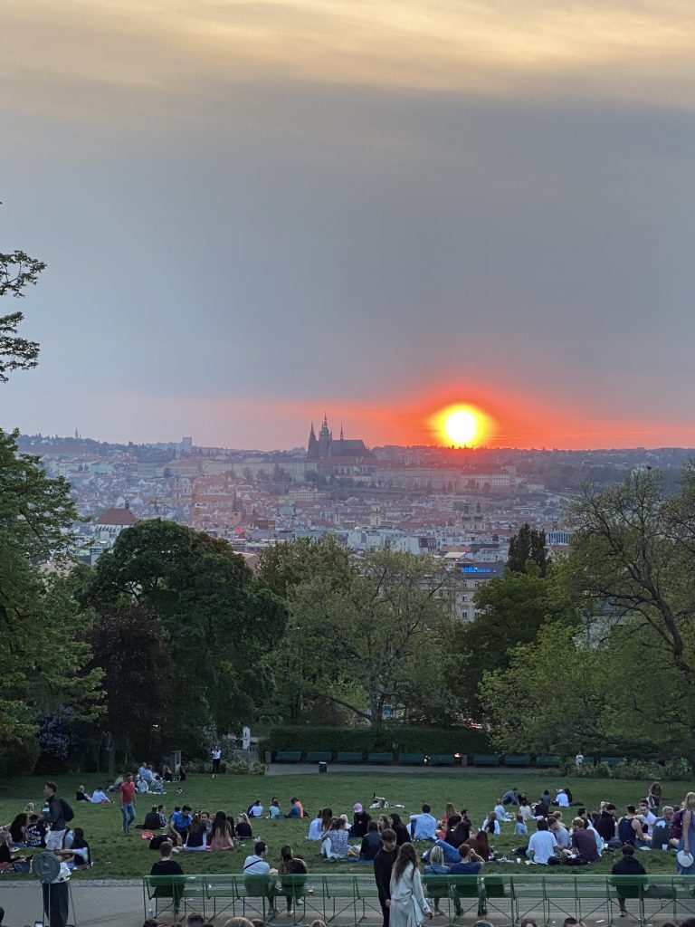 Sunset view over Prague from Riegrovy Sady