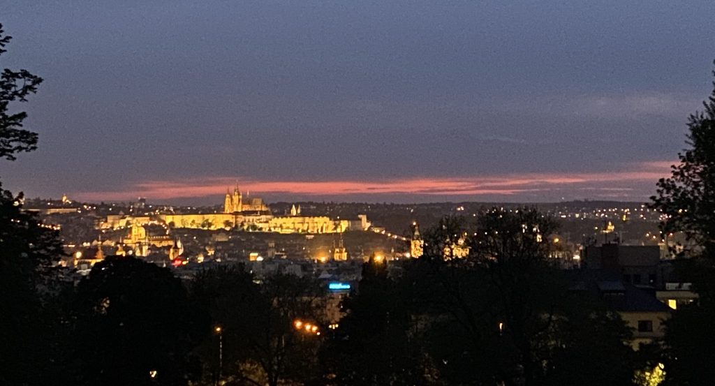 Sunset view over Prague from Riegrovy Sady